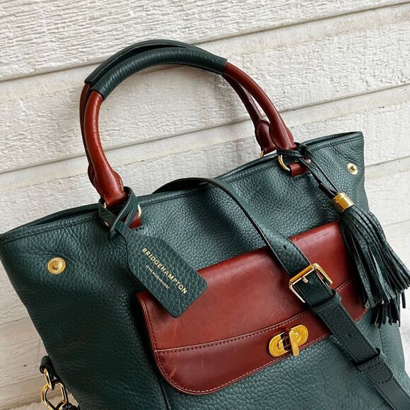 ISAAC MIZRAHI Green Brown Leather Laptop Work Tote Shoulder Bag Bridgehampton - Picture 2 of 12